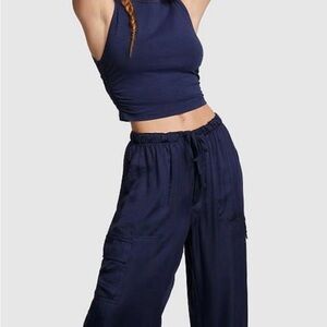 Navy Blue Satin Cargo Pants